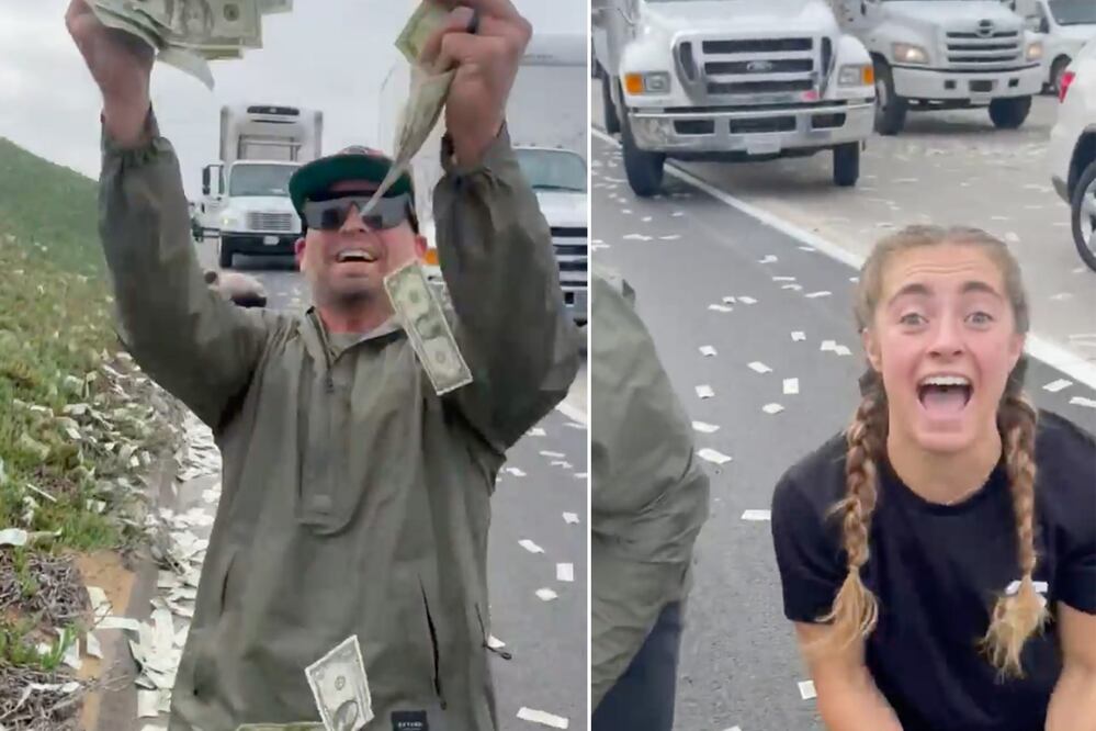 ¡Llueve dinero! Camioneta de valores choca y salen volando bolsas de billetes