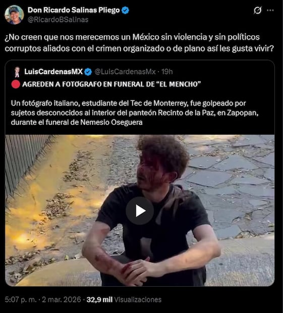 Salinas Pliego reacciona a fotógrafo italiano agredido en funeral de “El Mencho”. Foto: Captura de video