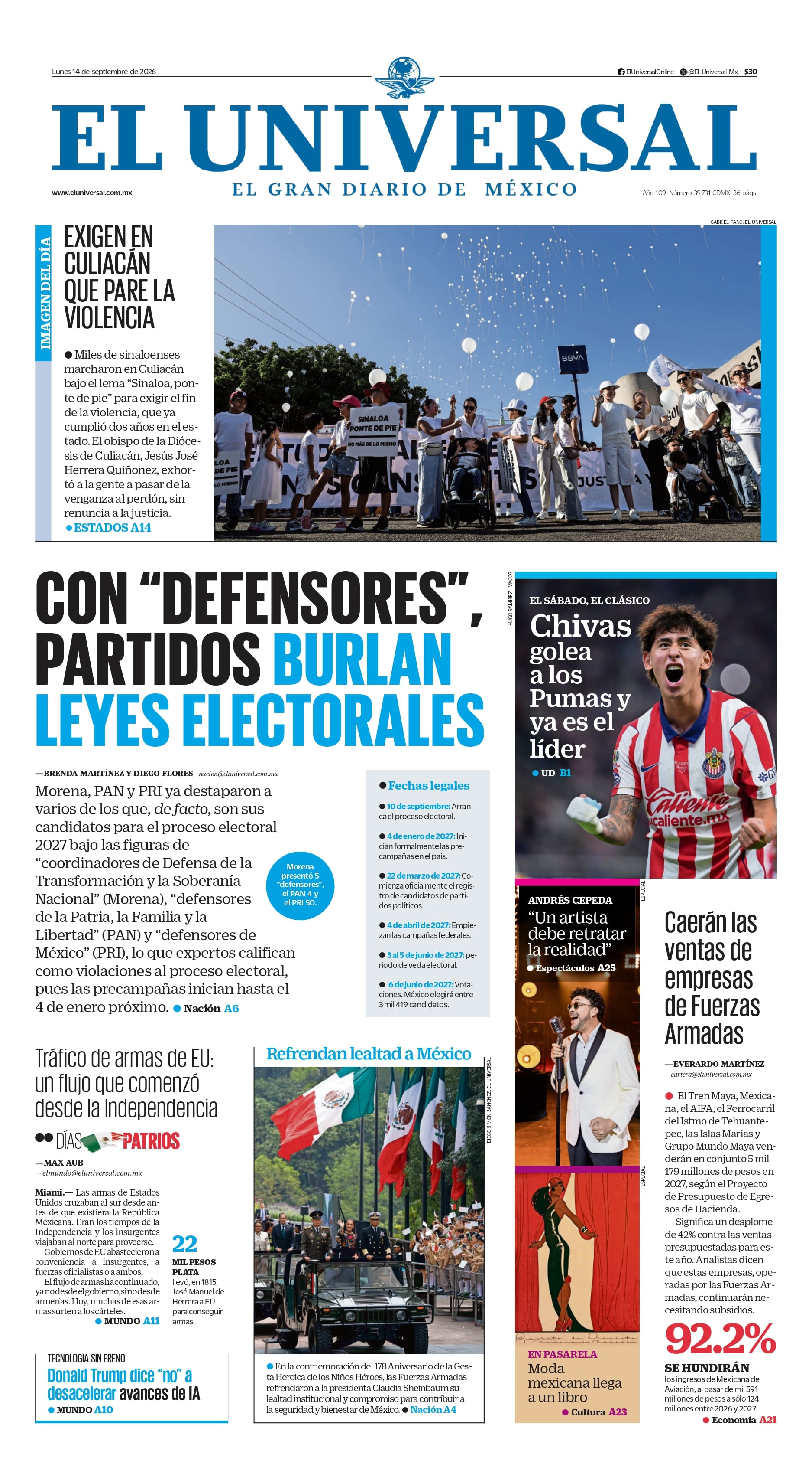 Portada impresa del 14 de septiembre de 2026