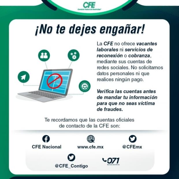 CFE emite aviso para evitar fraudes en cobros y servicios