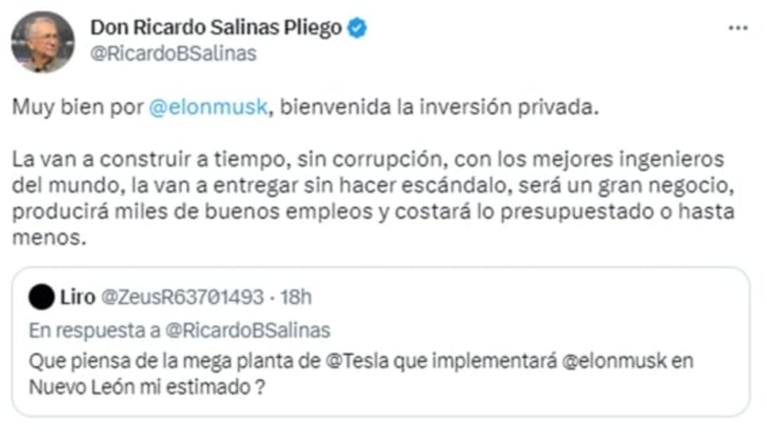 Salinas Pliego celebra instalación de planta Tesla en NL: "La van a construir sin corrupción"