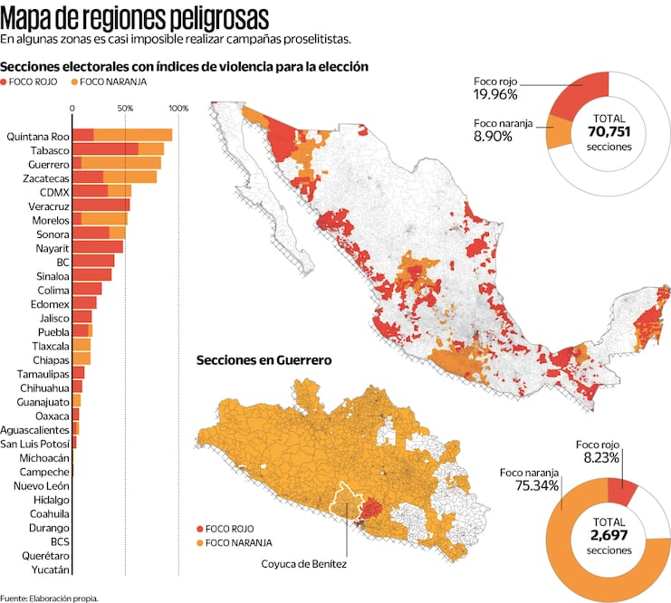 Mapa de regiones peligrosas. Elaboración propia