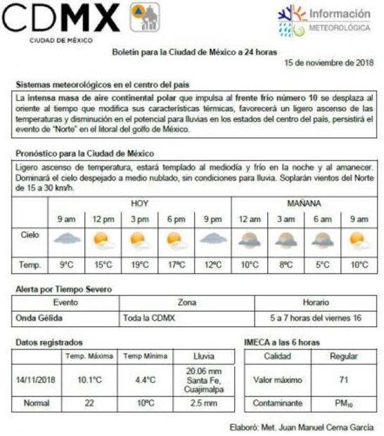 Prevén jueves con bajas temperaturas durante la mañana en CDMX