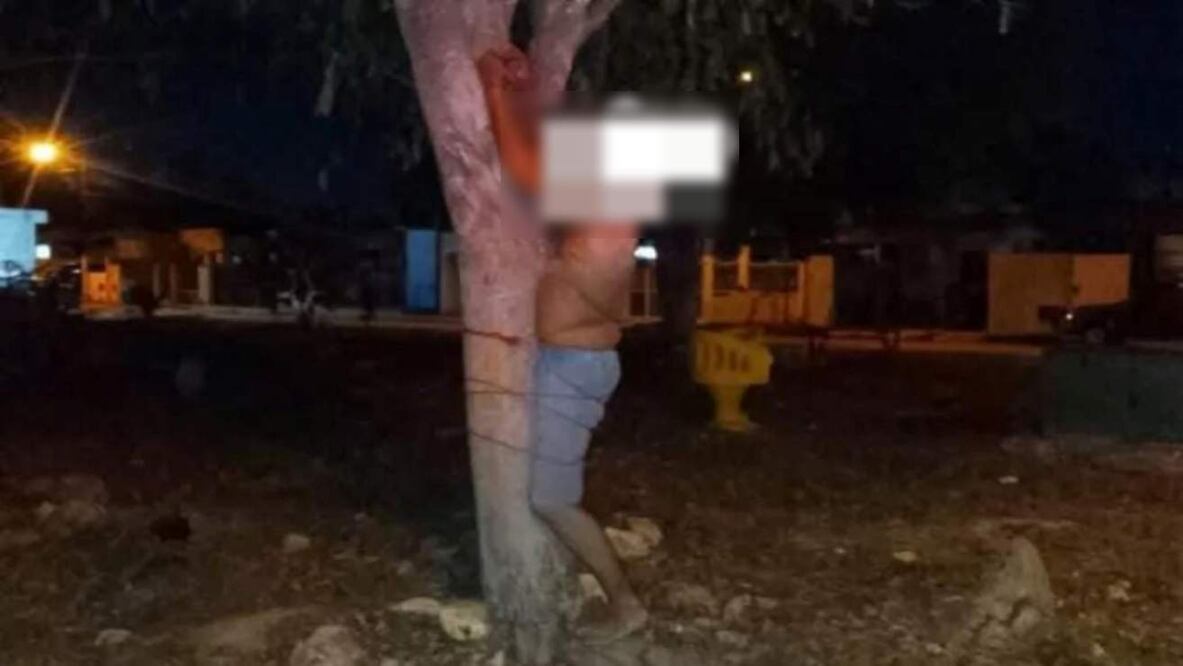 El hombre fue amarrado a un árbol luego de que vecinos de Umán, Yucatán lo acusaran de querer robar viviendas de la zona (14/02/2025). Foto: Especial