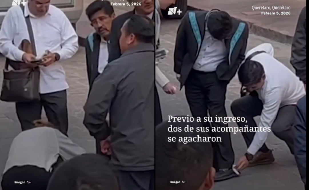 Momento en que dos personas le limpian los zapatos a Hugo Aguilar Ortiz. Foto: captura de pantalla