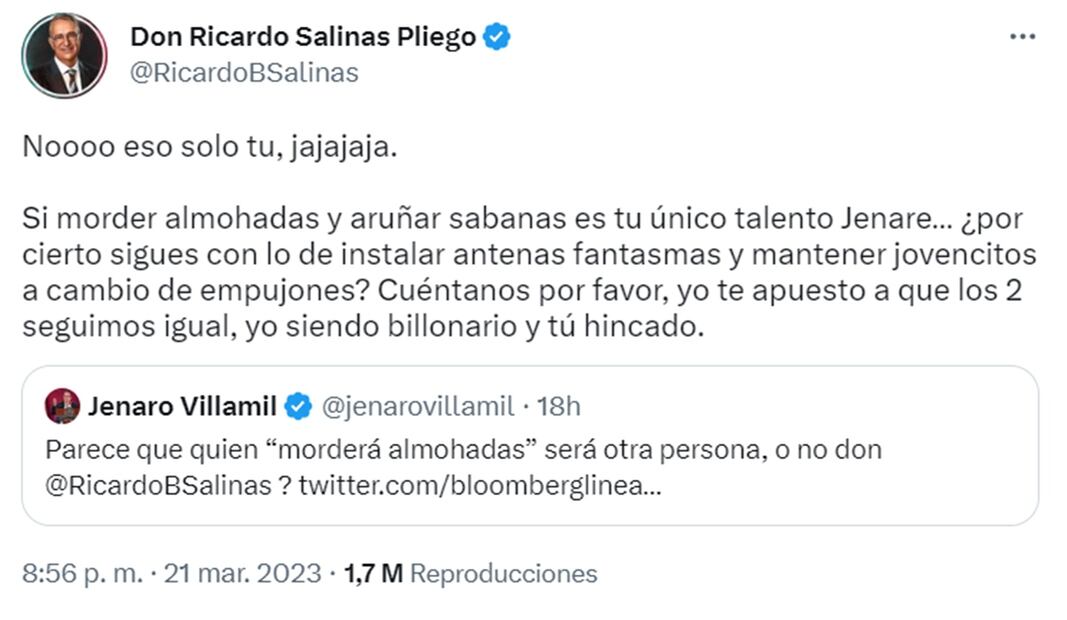Polémica entre Ricardo Salinas Pliego y Jenaro Villamil en Twitter. Foto: captura de pantalla