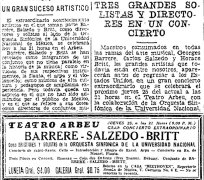 Promocional y crónicas del concierto Barrere- Salzedo- Britt con la OFUNAM en 1936. Fotografías y collage: Josue Chispan