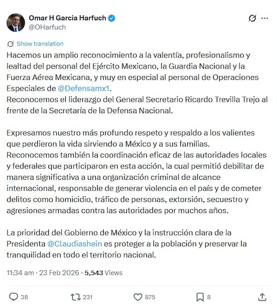 El Secretario de Seguridad, Omar García Harfuch, agradece a las Fuerzas Armadas tras operativo que abatió a "El Mencho". Captura