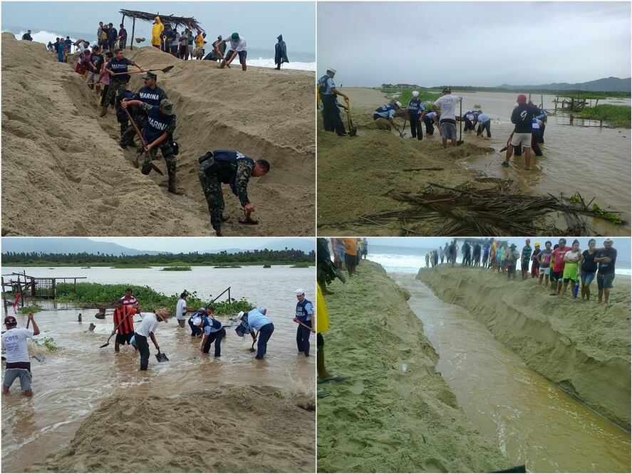 La Octava Región Naval llevó a cabo acciones para permitir que el agua del río fluyera hacía el mar con la apertura de la Barra de Coyuca. Foto: Especial