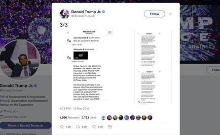 Trump Jr. intercambió mensajes con WikiLeaks durante campaña