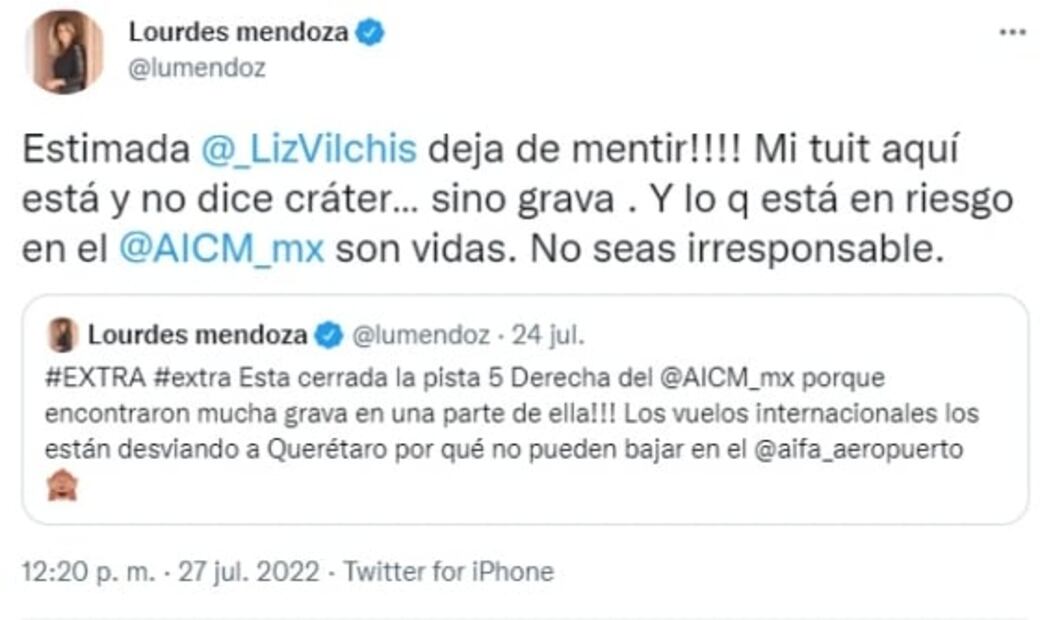“No está para chistes mal leídos”: periodista Lourdes Mendoza refuta a “la señorita Vilchis” por AICM
