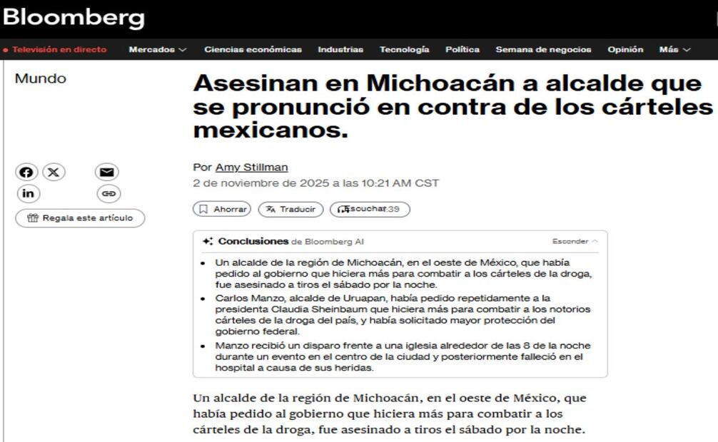 Cobertura de Bloomberg sobre el asesinato de Carlos Manzo. Foto: Captura de pantalla