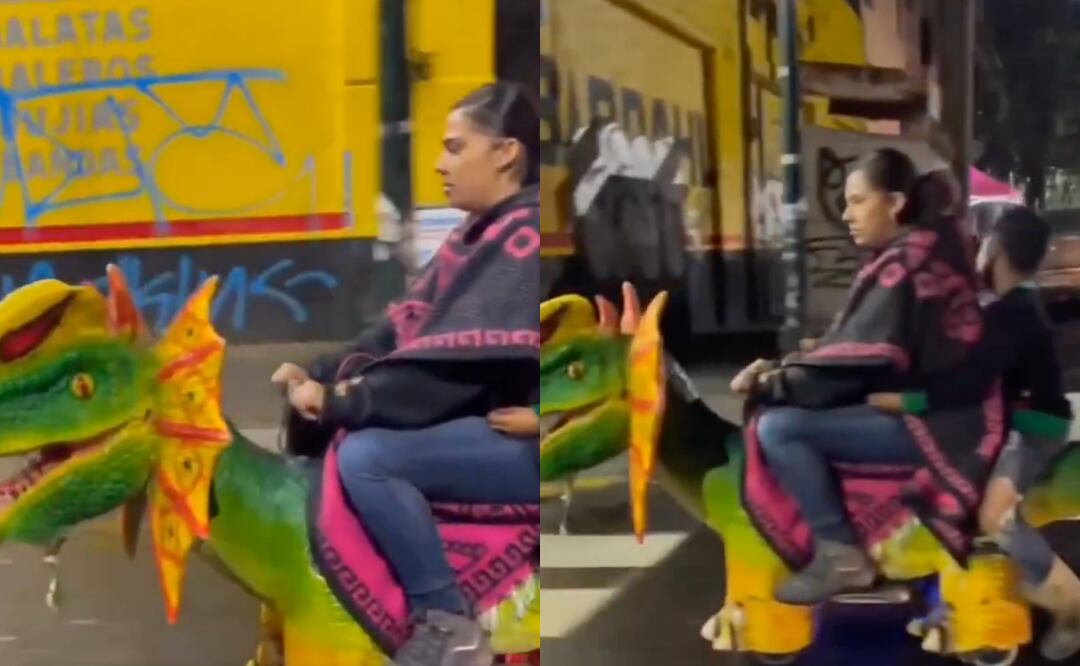 CDMX, donde todo es posible: mujer recorre las calles montada en un dinosaurio eléctrico y se roba todas las miradas. Foto: Captura de video
