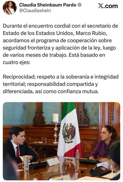 La presidenta Claudia Sheinbaum se reunió con el secretario de Estado de EU, Marco Rubio, este 3 de septiembre del 2025. Foto: Tomada de la cuenta de X de @Claudiashein