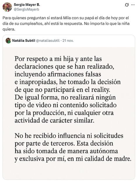 Natália Subtil argumenta por qué no deja participar a su hija Mila en "La granja VIP", y Sergio Mayer reacciona.