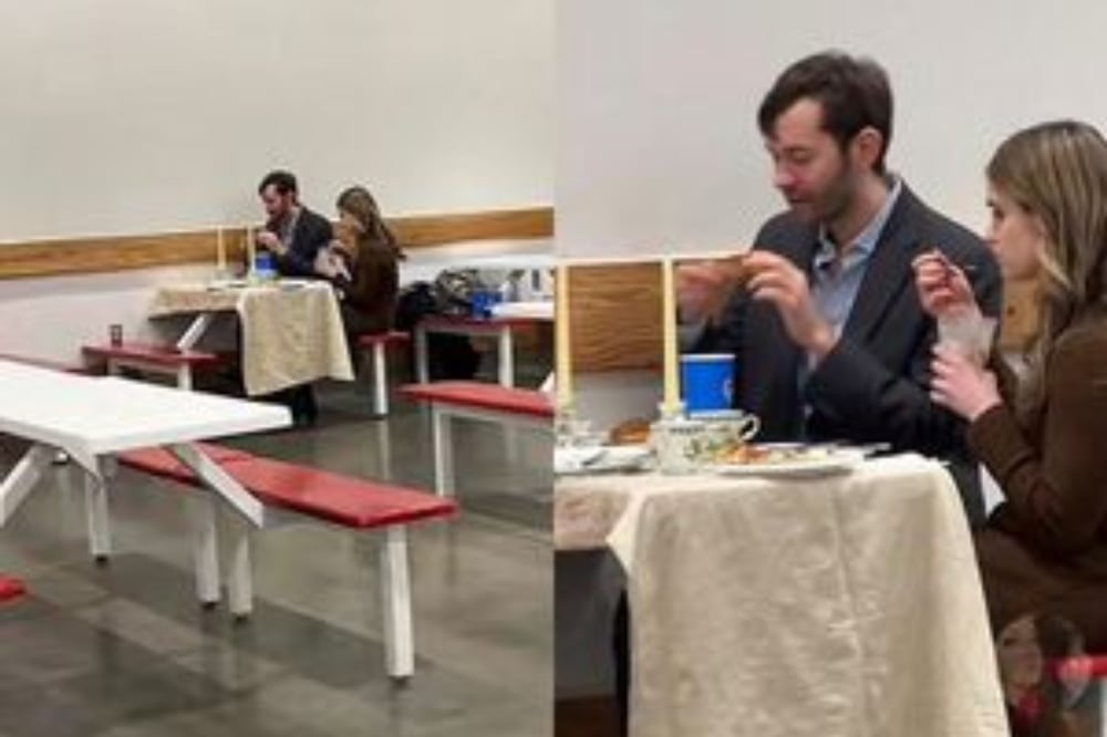 Pareja tiene cena romántica en un Costco. Foto: Captura de video