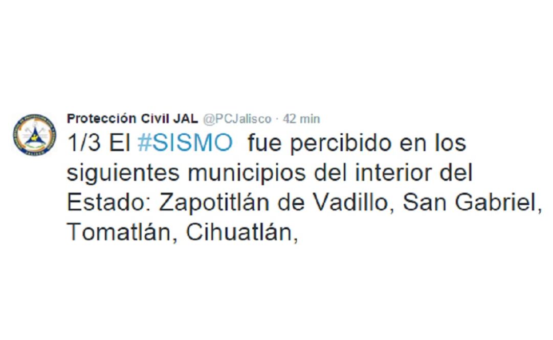 Jalisco's Civil Protection agency said via Twitter that the earthquake was felt in the municipalities of Zapotitlán de Vadillo, San Gabriel, Tomatlán and Ciahuatlán. (Photo: Taken from Twitter @PCJalisco) 