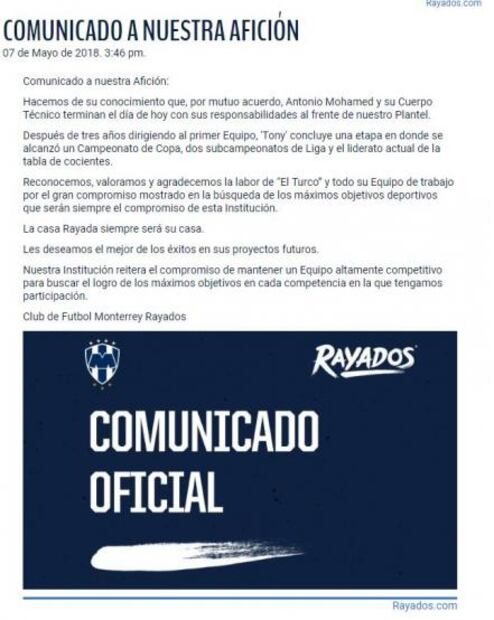'Turco' Mohamed renuncia como entrenador de Rayados