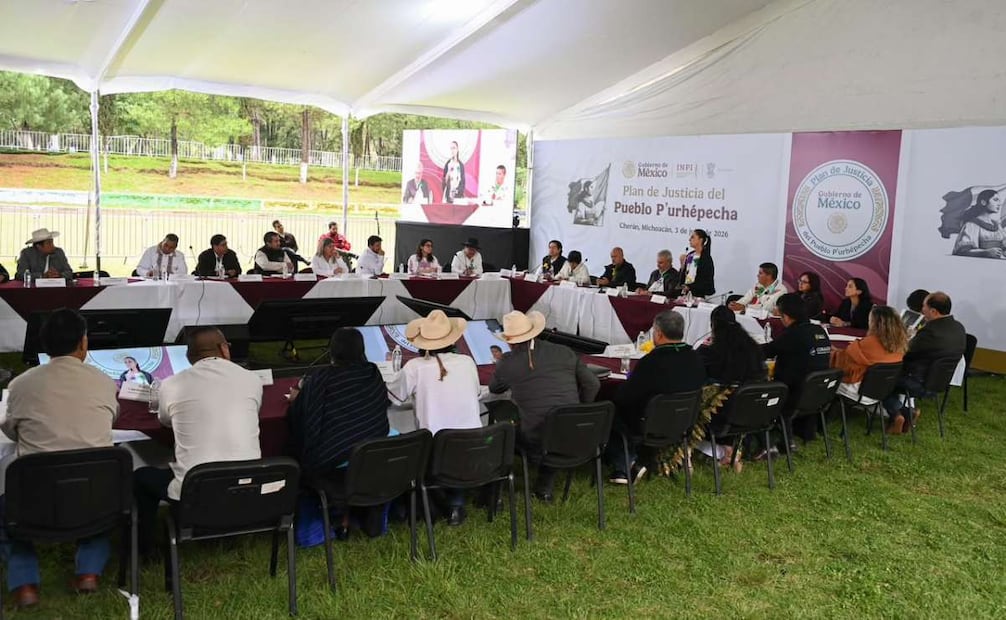 La presidenta de México, Claudia Sheinbaum, en Cherán, Michoacán, durante la presentación de avances del Plan de Juticia del Pueblo Purépecha. Foto: Especial