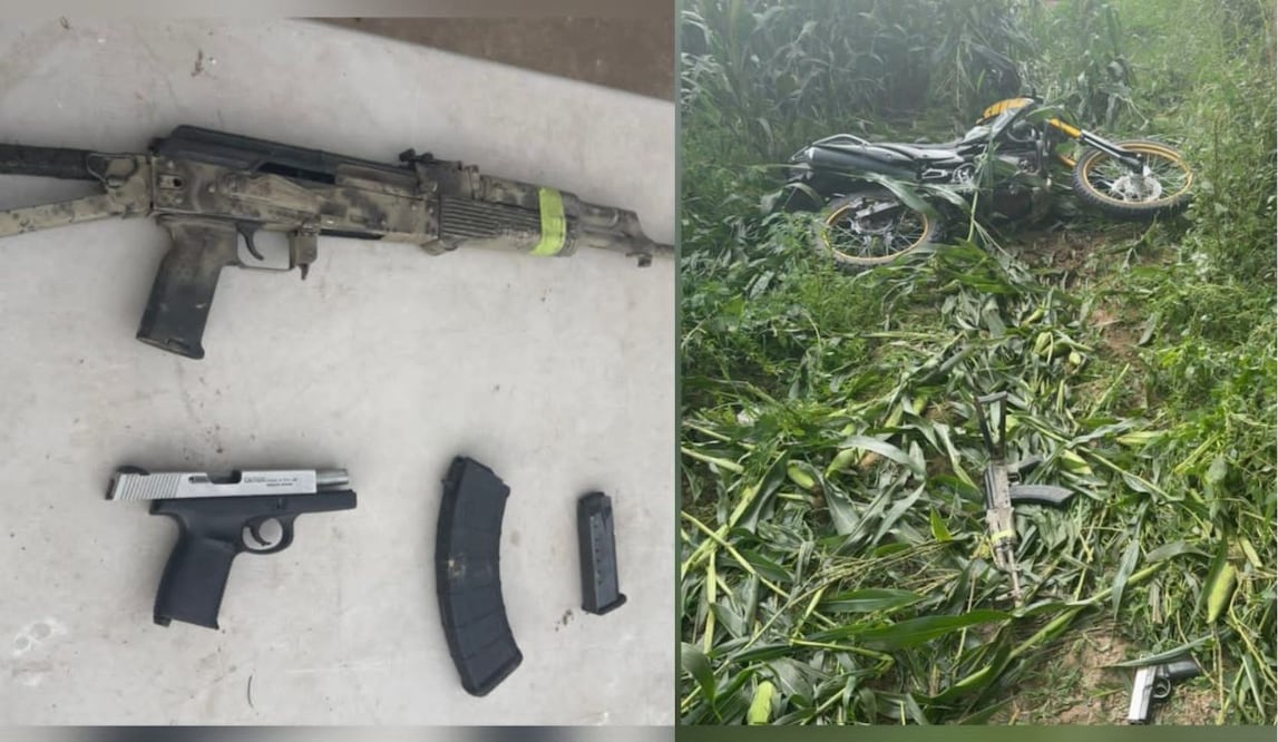 Persecución en Navolato, Sinaloa; abandonan armas y motocicleta y huyen entre milpas. Foto: Especial