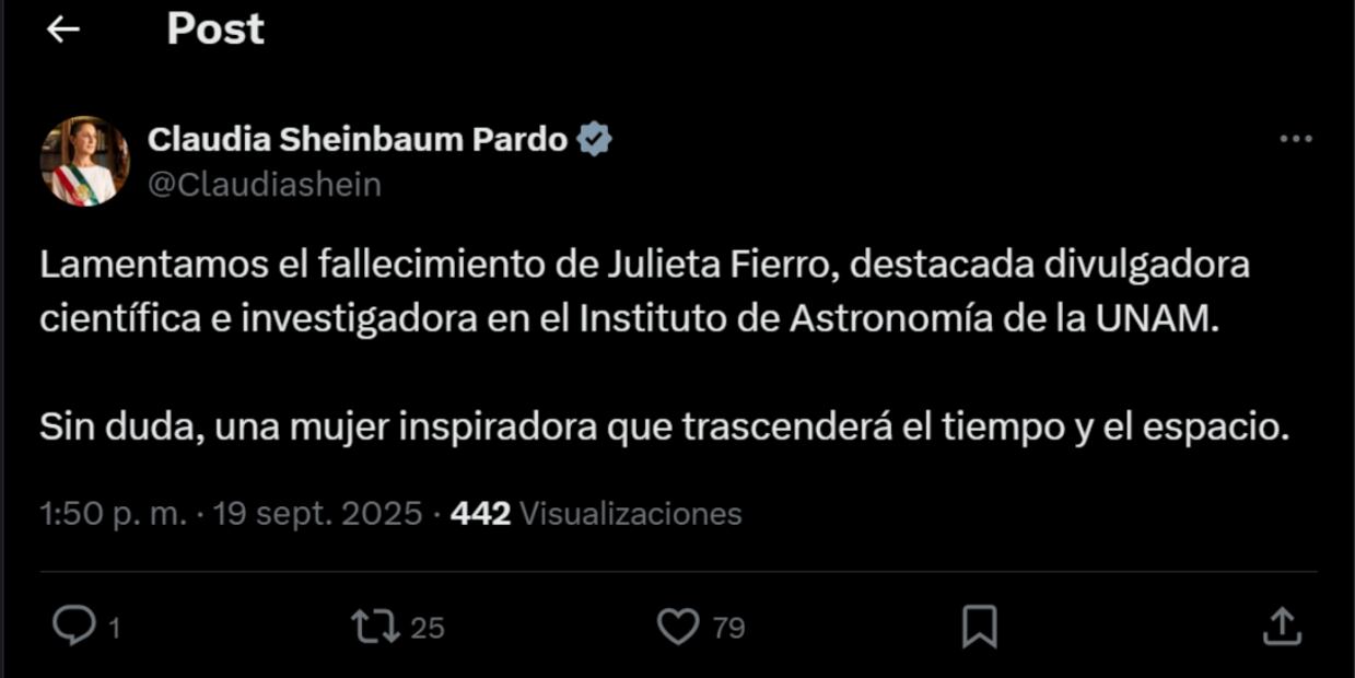 La presidenta Claudia Sheinbaum lamentó el fallecimiento de la científica Julieta Fierro. Foto: captura de pantalla