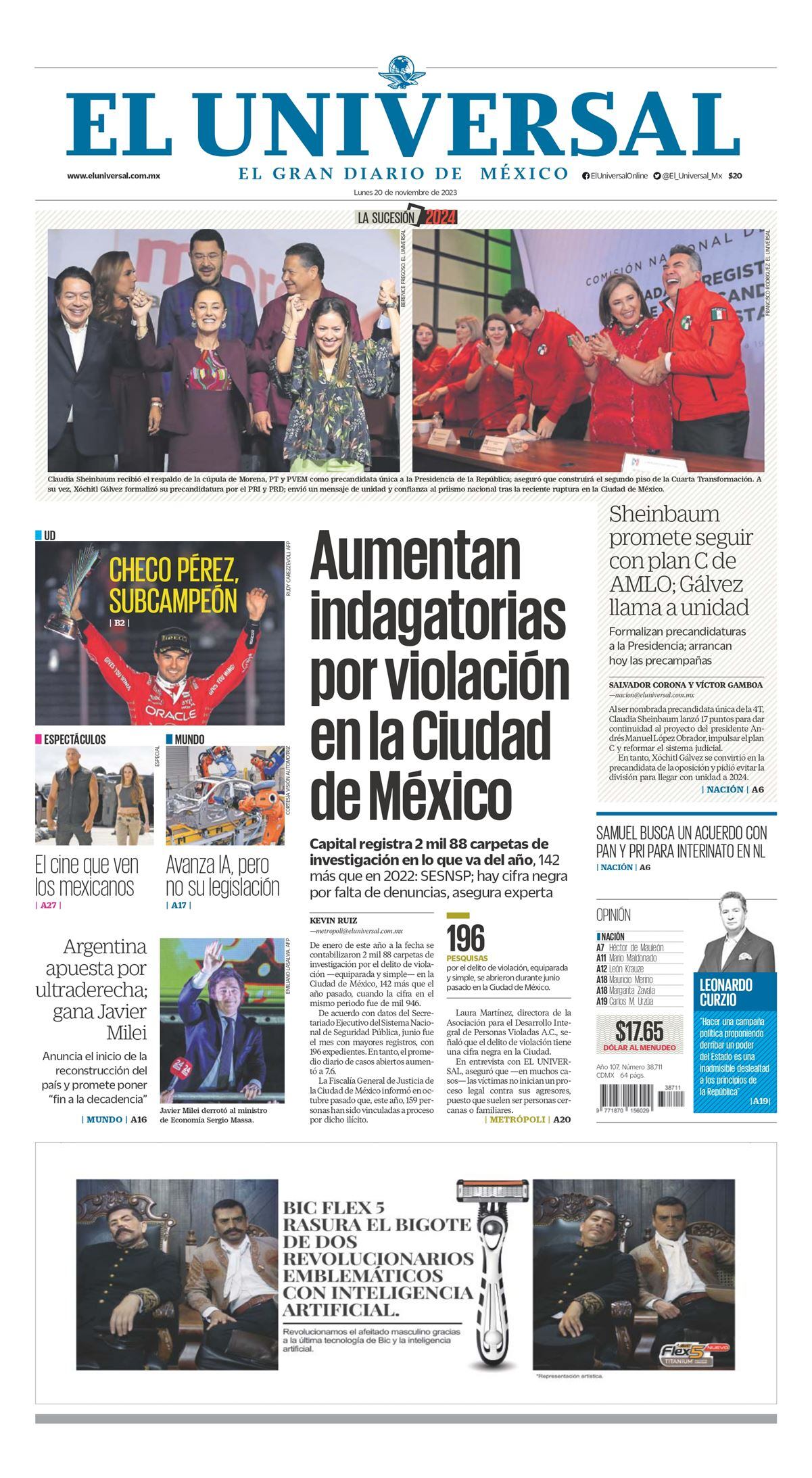 Portada impresa del 20 de noviembre del 2023