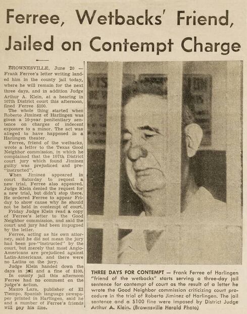 Publicación de El Tiempo sobre la detención de Frank Ferree tras defender a un mexicano. Foto: El Tiempo/Portal To Texas History/ESPECIAL.