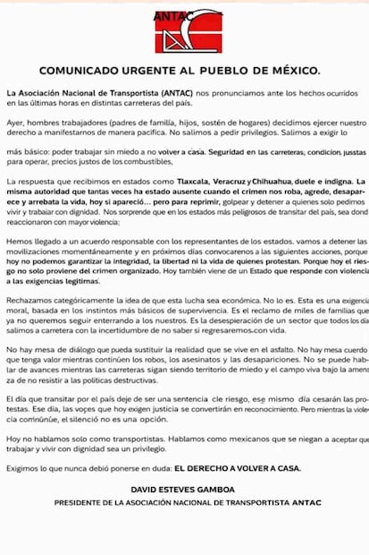 ANTAC suspende temporalmente bloqueos carreteros tras recibir agresiones (07/04/2026). Foto: ANTAC