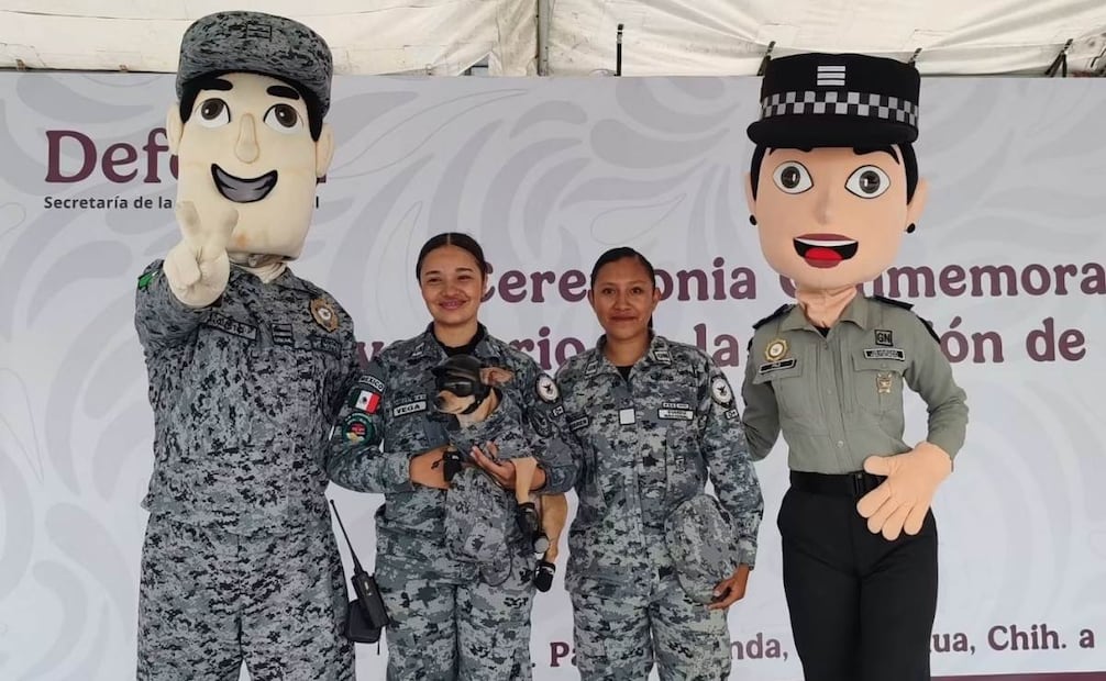 Comando ingresa a la Guardia Nacional de Chihuahua; perrito usa uniforme, lentes y zapatos oficiales.
Foto: Especial.