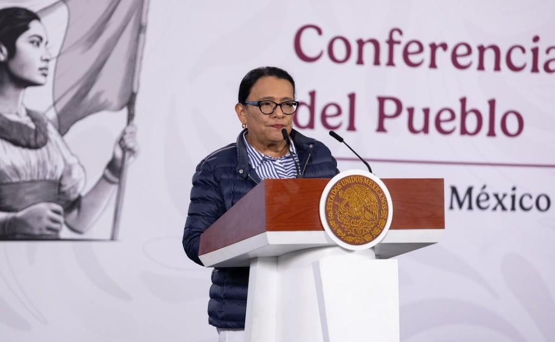 La secretaria de Gobernación, Rosa Icela Rodríguez, en la “Mañanera del Pueblo” del lunes 8 de junio de 2026 en Palacio Nacional. Foto: Hugo Salvador/ EL UNIVERSAL