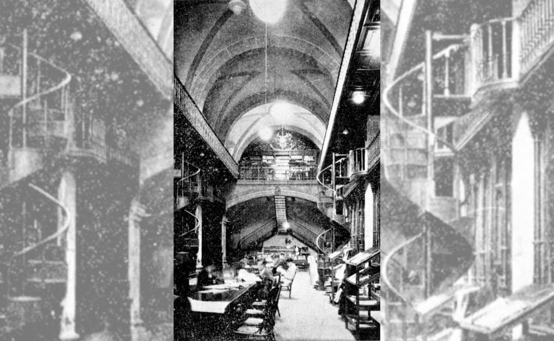 Foto del interior de la biblioteca de lo que fuera el antiguo templo de Betlemitas en la esquina de Tacuba y Filomeno Mata. Imagen: "Iglesias y Conventos Coloniales de México", Colección Carlos Villasana.