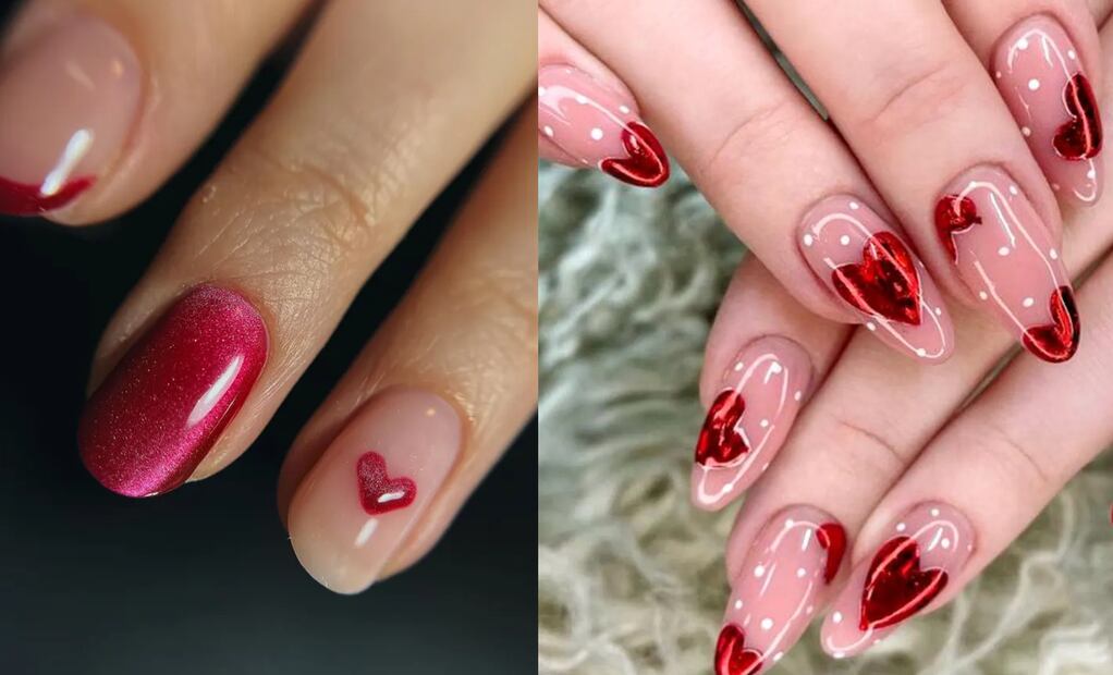 Los corazones al centro sobre base nude crean una manicura romántica y minimalista. Foto: Etsy