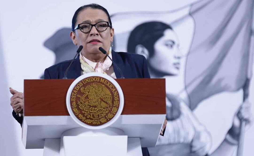 Rosa Icela Rodríguez, secretaria de Gobernación, durante la mañanera del 8 de abril del 2025 en Palacio Nacional. Foto: Fernanda Rojas / EL UNIVERSAL