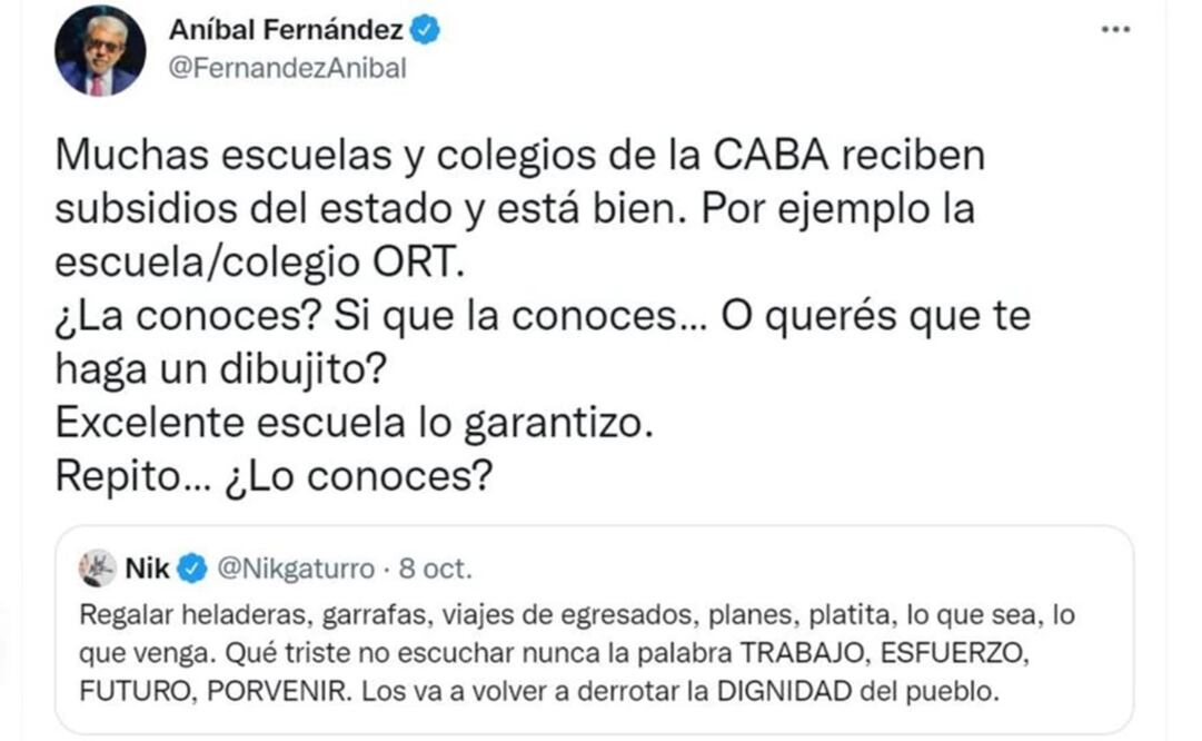 El tuit intimidatorio con el que Aníbal Fernández le respondió a Nik. Foto: Twitter @fernandezanibal