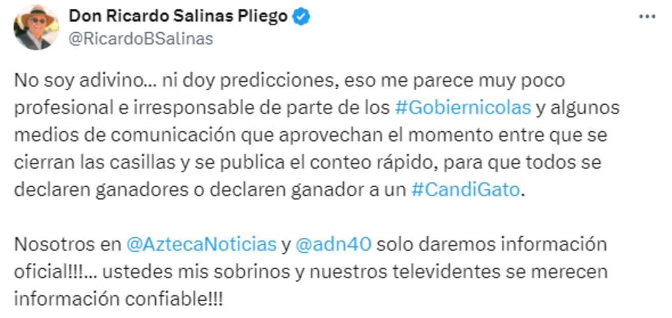 Publicación Ricardo Salinas Pliego. Foto: Captura de pantalla