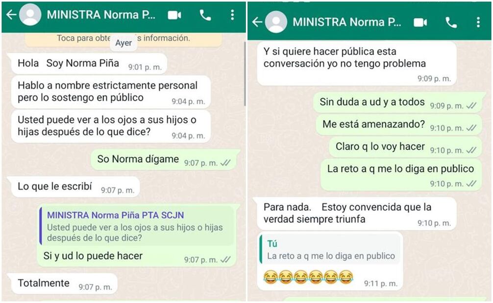 Supuestos chats de WhatsApp que exhibe amenazas de la ministra Norma Piña al senador Alejandro Armenta. Foto: Especial