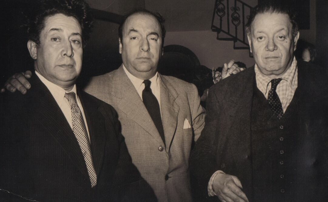 Imagen del pintor David Alfaro Siqueiros, el poeta Pablo Neruda y Diego Rivera.Foto: Archivo EL UNIVERSAL.