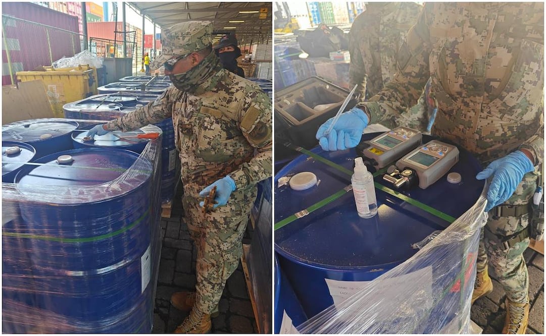 Marina en coordinación con la Aduana Marítima de Manzanillo aseguraron más de 25 mil kg de precursores químicos, utilizados para hacer drogas sintéticas. Fotos: Especiales