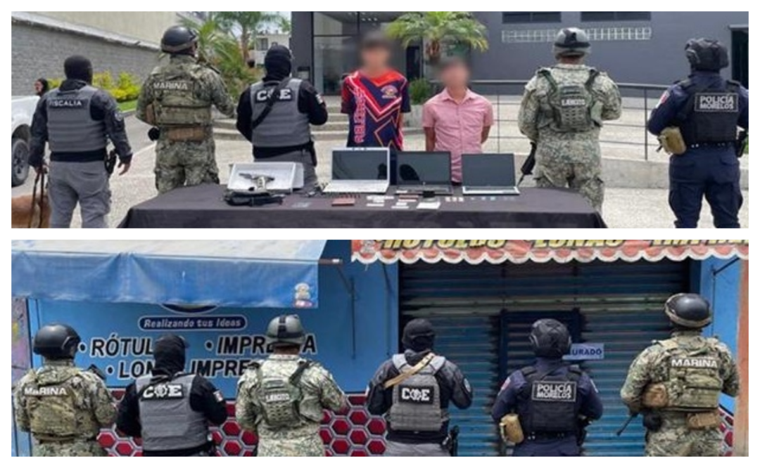 Detienen a dos sujetos por falsificación de facturas, licencias y placas en Jiutepec, Morelos (11/07/2025). Foto: Especial