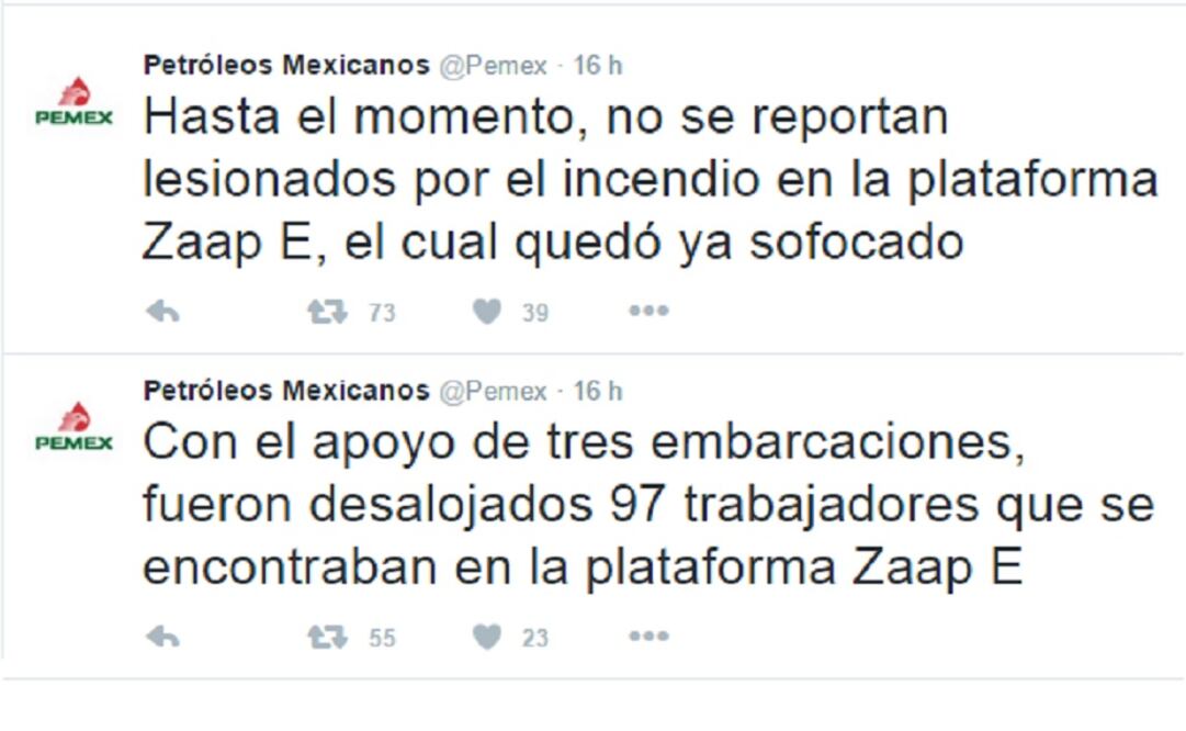 Pemex said that there were no injuries and that 97 workers were evacuated. (Photo: Taken from Twitter)