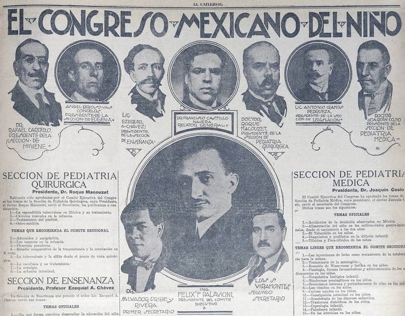 Dirigentes del Primer Congreso Mexicano del Niño, con Félix F. Palavicini como presidente. El entonces secretario de Gobernación, Manuel Aguirre Berlanga, “celebró la iniciativa, creyendo que este congreso significa interés por la patria del mañana y contribución al fortalecimiento de los hombres del futuro, beneficiándonos desde hoy en lo moral y en lo médico”. Foto: Hemeroteca EL UNIVERSAL