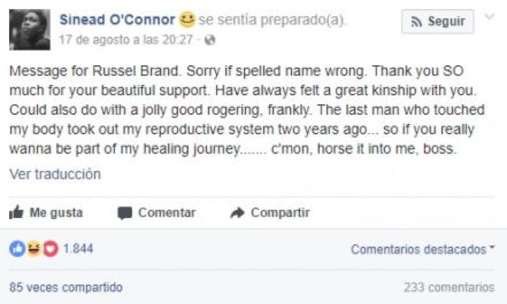Sinead O'Connor envía insinuante mensaje a ex de Katy Perry