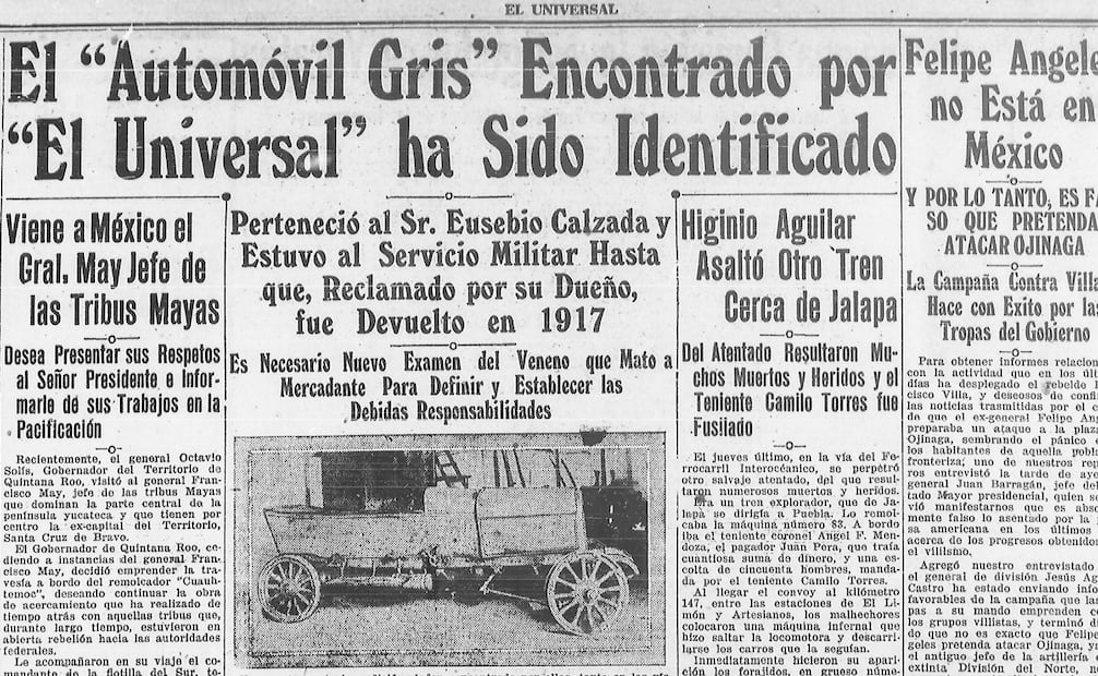 En 1917 este diario encontró el vehículo que fue pieza clave de los atractos de la Banda del Automóvil Gris. Hemeroteca EL UNIVERSAL.