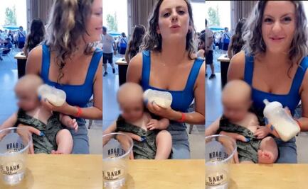 Captan a madre distraída dándole biberón a su hijo en la oreja 