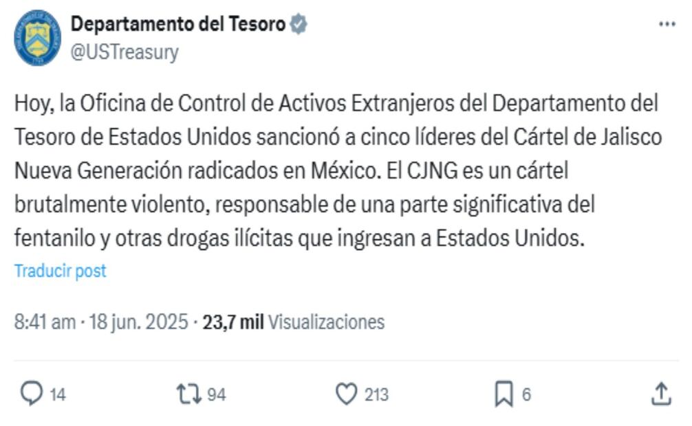El Departamento del Tesoro de Estados Unidos sancionó a cinco líderes del CJNG. Foto: Captura de pantalla de X