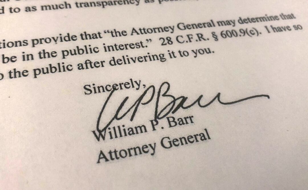 U.S. Attorney General William Barr's signature is seen on a copy of his letter to U.S. lawmakers stating that the investigation by Special Counsel Robert Mueller has been concluded - Photo: Jim Bourg/REUTERS
