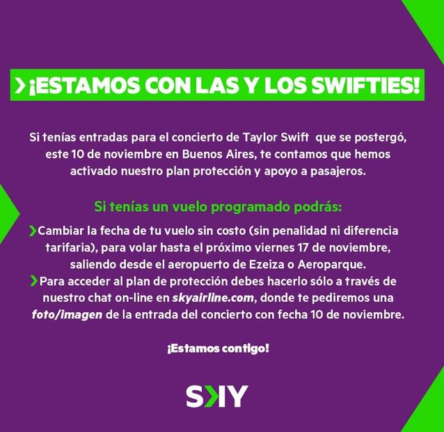 Comunicado de Sky Airline sobre concierto de Taylor Swift. Foto: Instagram
