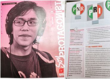 Marx Arriaga muestra páginas de libros de texto SEP antigüos con historia del PRI