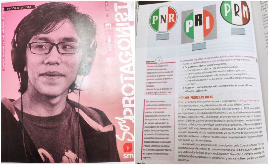 Marx Arriaga muestra páginas de libros de texto SEP antigüos con historia del PRI