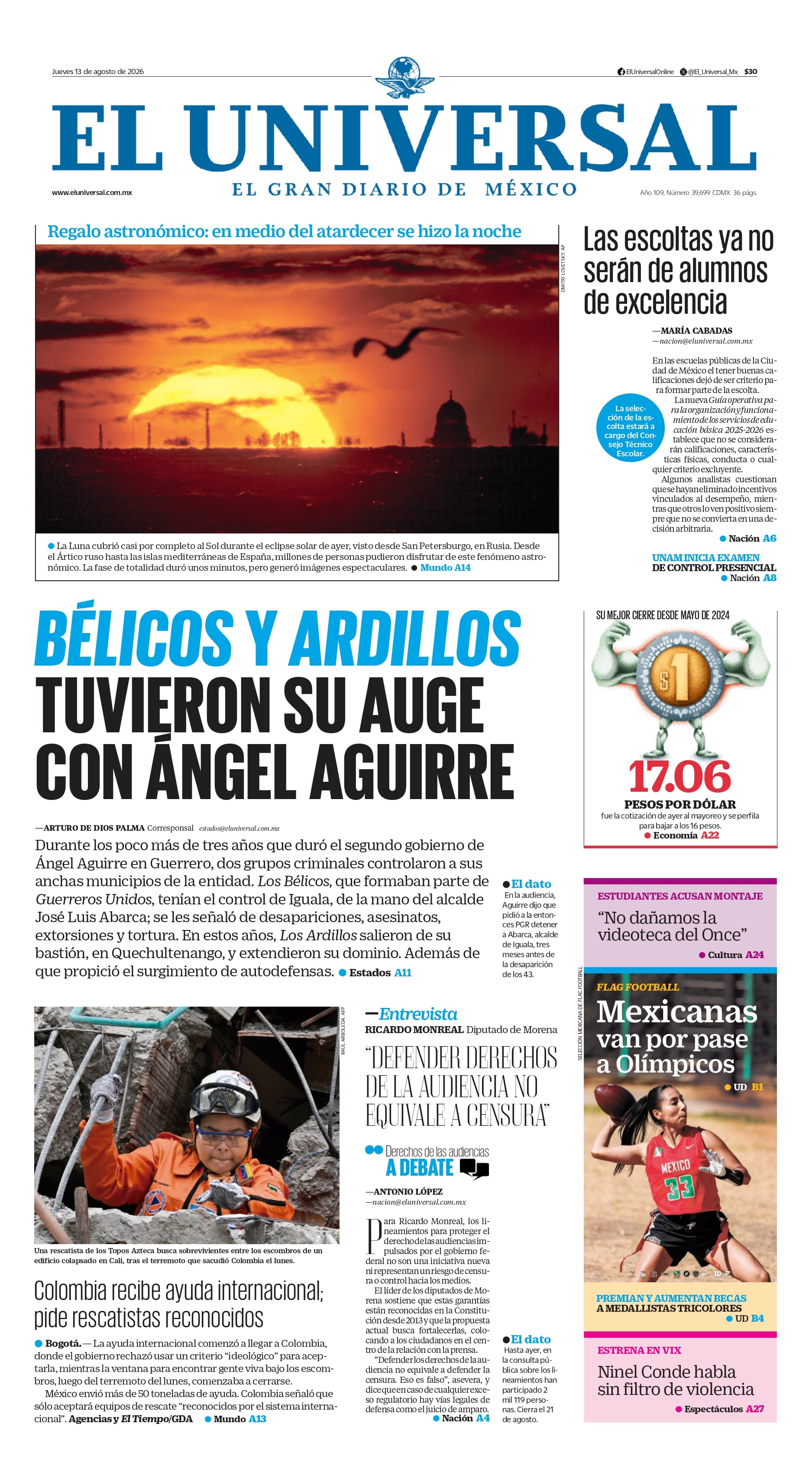Portada impresa del 13 de agosto de 2026.